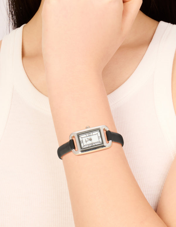 Silver Black PU Leather Mini Loop Watch