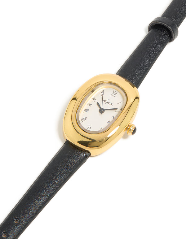 Black PU Leather Bubble Oval Watch