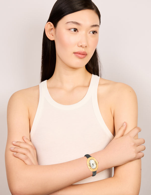 Black PU Leather Bubble Oval Watch