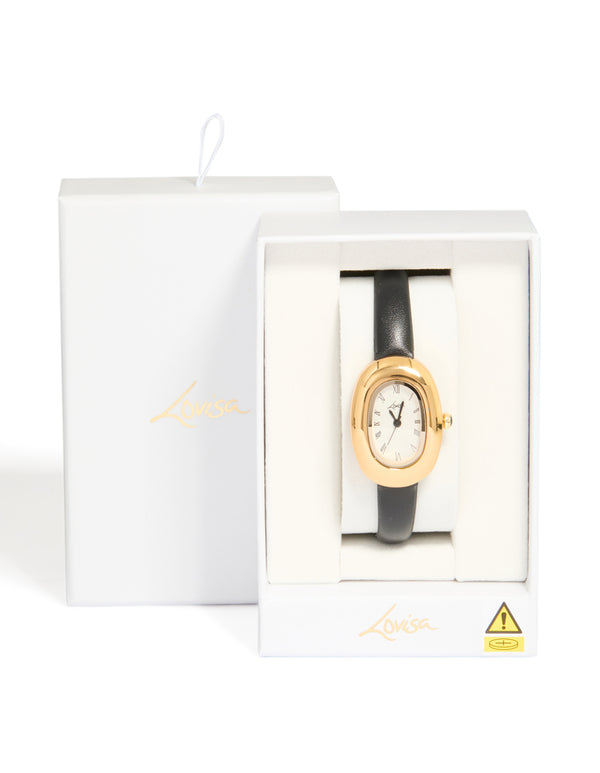 Black PU Leather Bubble Oval Watch