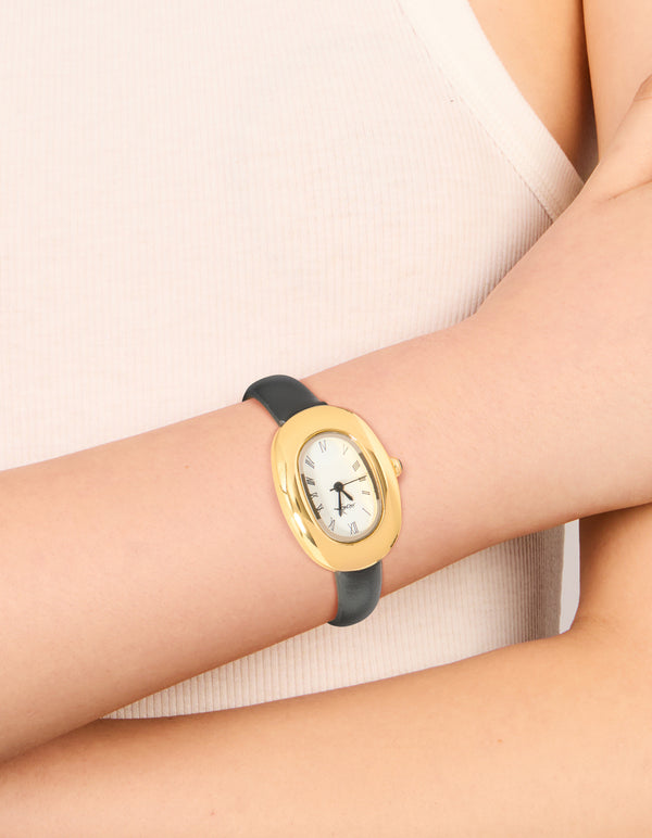 Black PU Leather Bubble Oval Watch