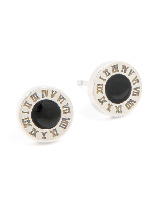 Mens Waterproof Stainless Steel Roman Numeral Round Stud Earrings