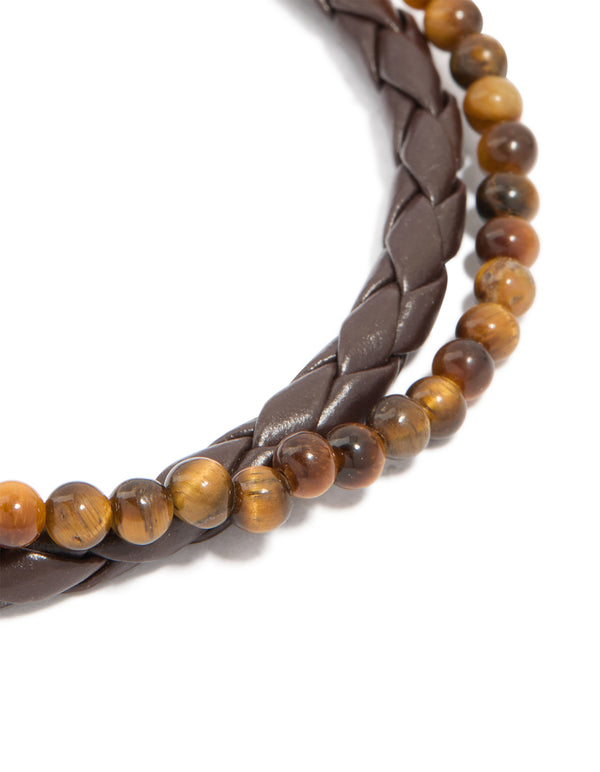 Mens Waterproof Stainless Steel Semi Precious Beaded & Braided Bracelet