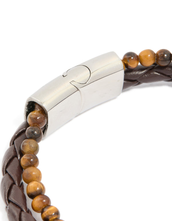 Mens Waterproof Stainless Steel Semi Precious Beaded & Braided Bracelet