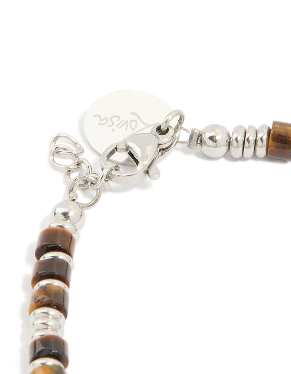 Mens Waterproof Stainless Steel Semi Precious Tiger's Eye Beaded Bracelet