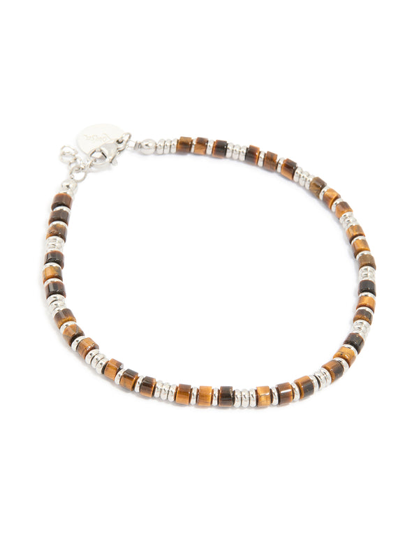 Mens Waterproof Stainless Steel Semi Precious Tiger's Eye Beaded Bracelet