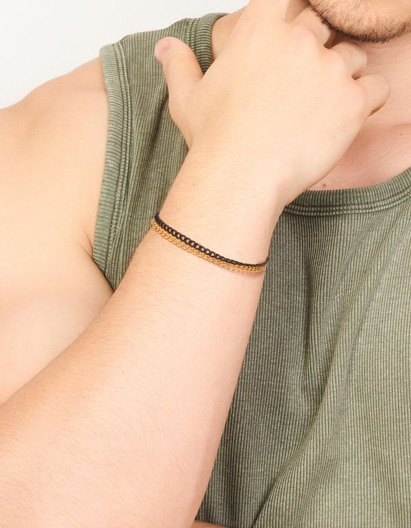 Mens Waterproof Gold Plated Stainless Steel & Black Coated Metal Double Chain Bracelet