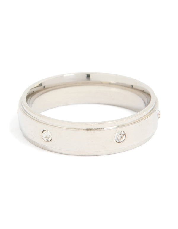 Mens Waterproof Stainless Steel Cubic Zirconia Flat Band Ring