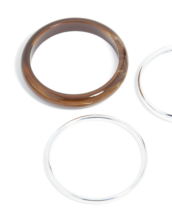 Brown Acrylic & Silver Bangles 3-Pack