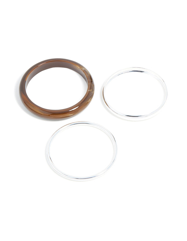 Brown Acrylic & Silver Bangles 3-Pack
