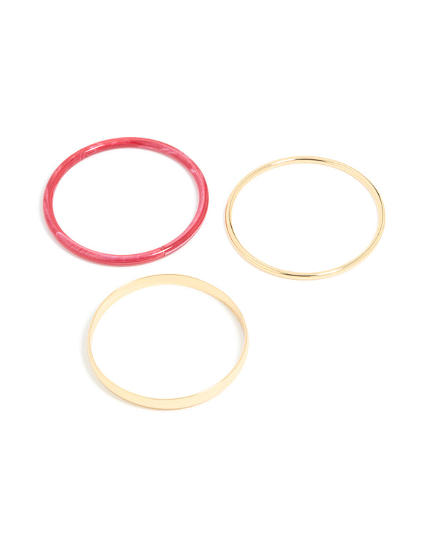 Gold Smooth & Red Acrylic Bangles 3-Pack