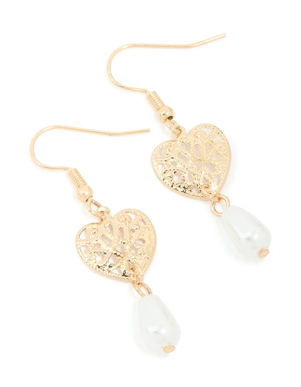 Gold Pearl & Filigree Heart Drop Earrings