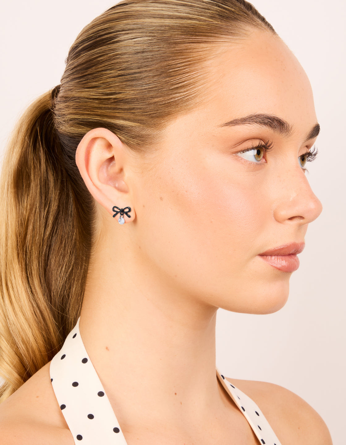 Black Coated Metal & Diamante Bow Drop Stud Earrings