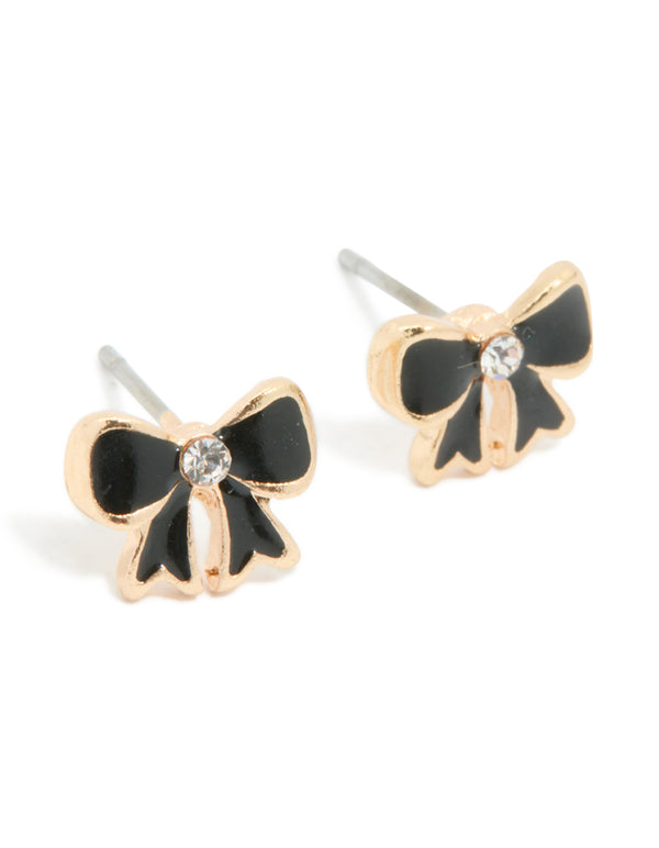 Gold Black Diamante Mini Bow Stud Earrings