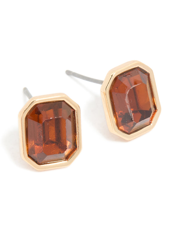 Gold Brown Diamante Square Stud Earrings