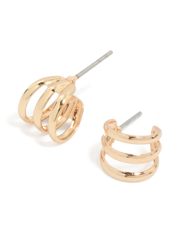 Gold Triple Line Straight Open Hoop Earrings