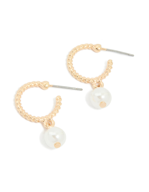 Gold Pearl Twist Drop Hoop Earrings