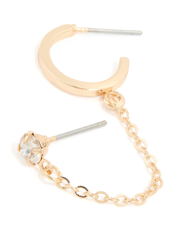 Showcasing silver diamante stud and hoop chain earring with gold-toned finish front view