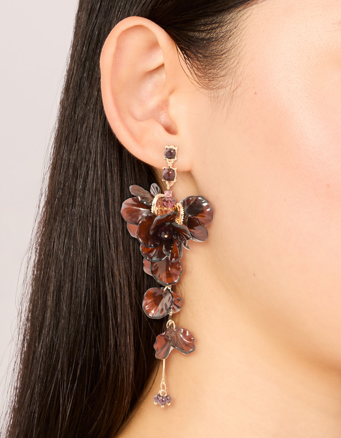 Dark Brown Acrylic Flower Petals Large Drop Earrings