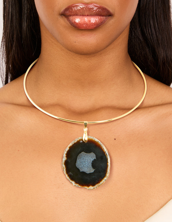 Gold Dark Brown Marbled Stone Torque Necklace
