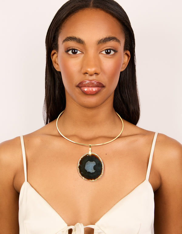 Gold Dark Brown Marbled Stone Torque Necklace