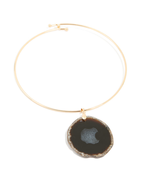 Gold Dark Brown Marbled Stone Torque Necklace