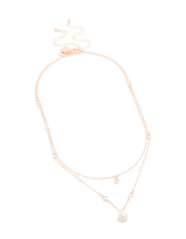 Rose Gold Plated Cubic Zirconia & Pearl Double Layered Necklace