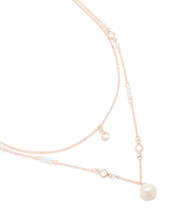 Rose Gold Plated Cubic Zirconia & Pearl Double Layered Necklace