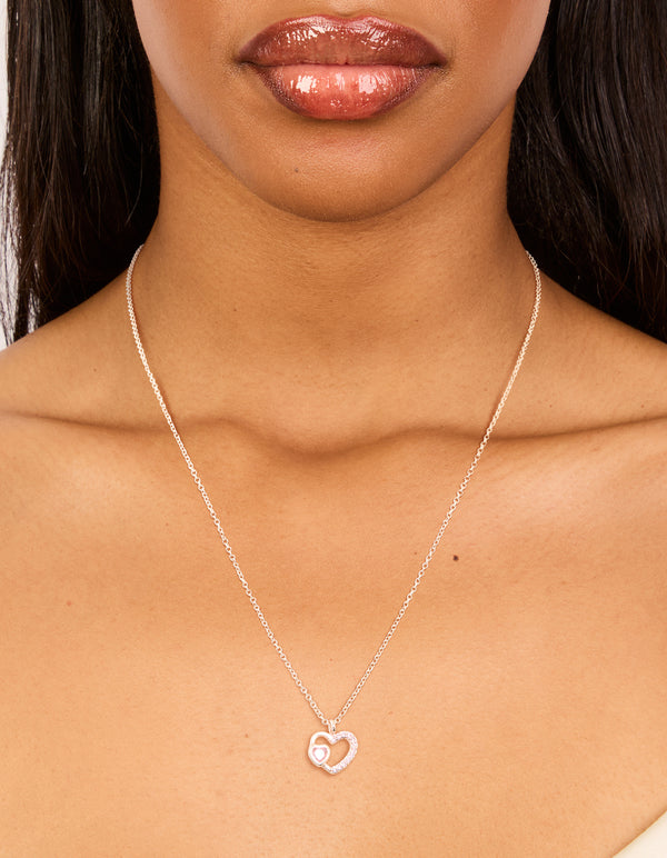 Rose Gold Plated Pink Cubic Zirconia Double Heart Pendant Necklace