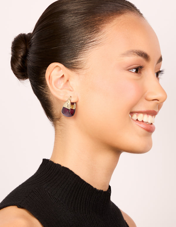 Gold Plated Burgundy Acrylic Huggie Earrings