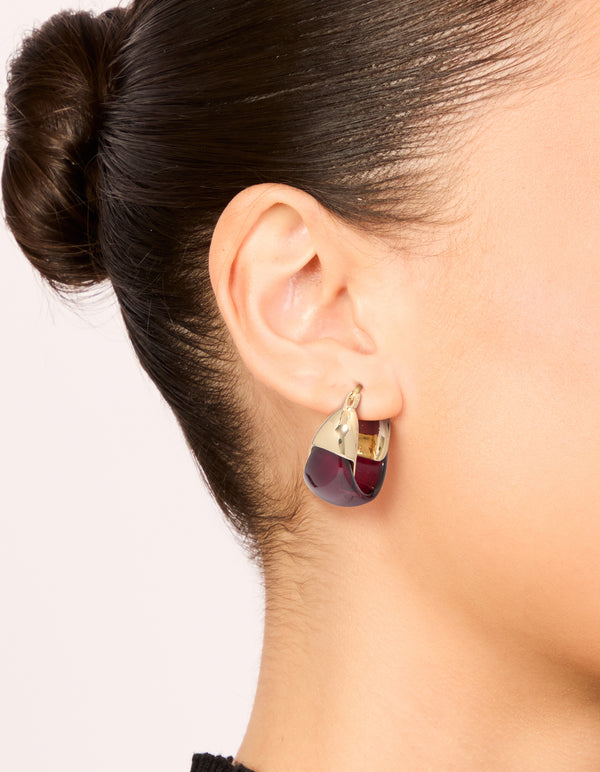 Gold Plated Burgundy Acrylic Huggie Earrings