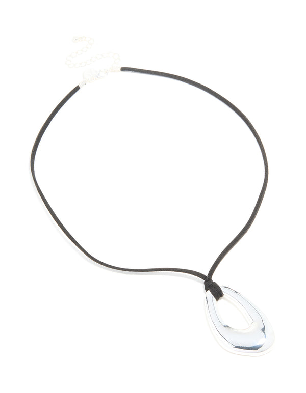 Silver Plated Open Oval Pendant Long Cord Necklace