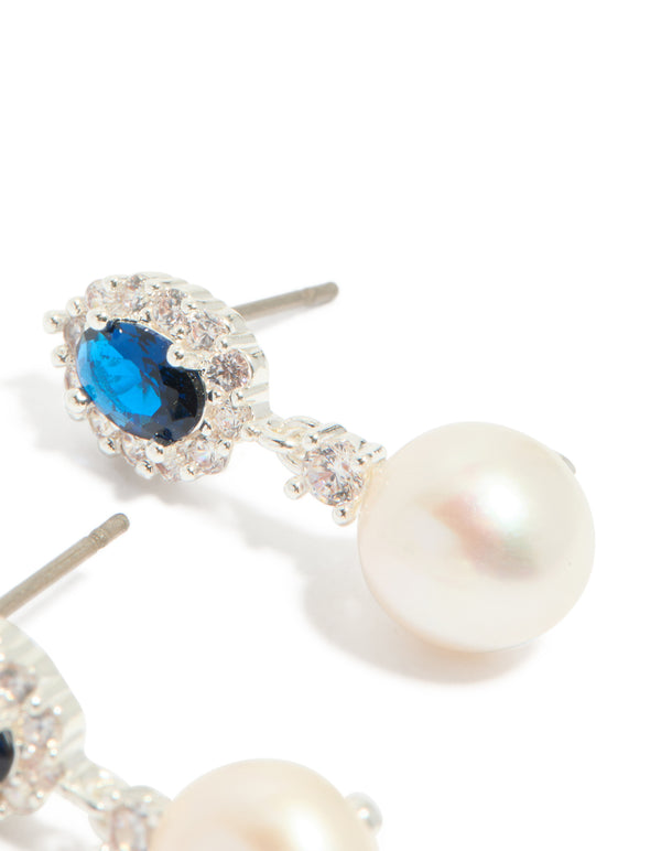 Silver Plated Blue Cubic Zirconia & Freshwater Pearl Halo Drop Earrings