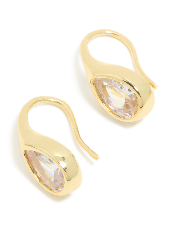 Featuring gold plated cubic zirconia modern teardrop hook earrings in clear front view