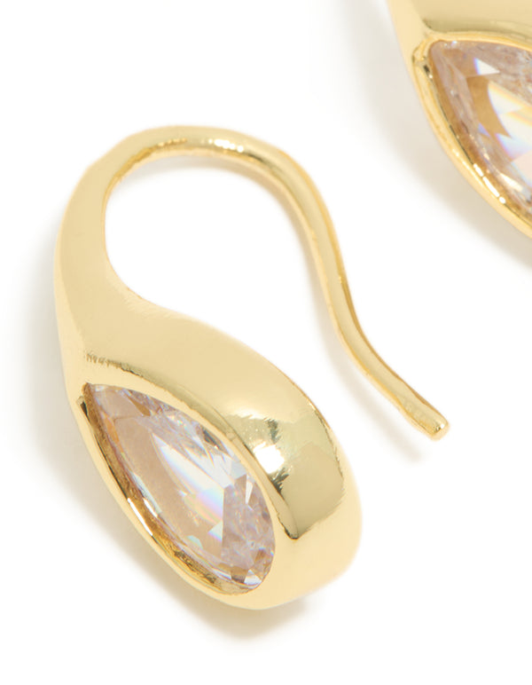 Designed with gold plated cubic zirconia material, modern teardrop hook earrings featuring clear tones close up view