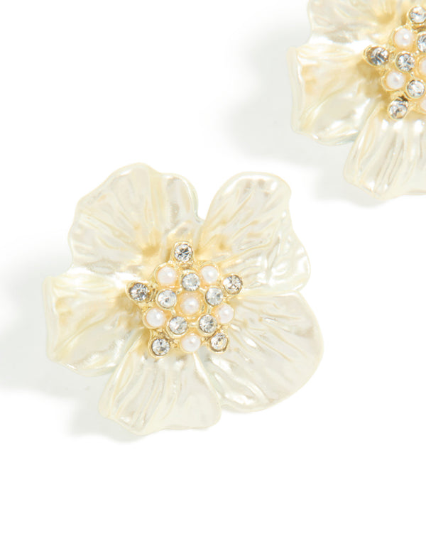 Gold Plated Diamante & Pearl Flower Statement Earrings
