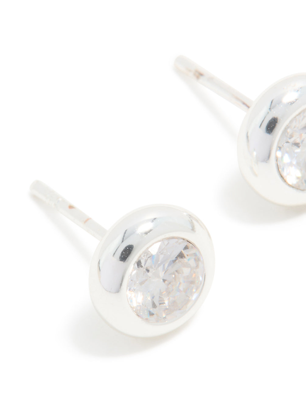 Highlighting waterproof stainless steel round cubic zirconia bezel-set earrings with crystal in silver and clear close up view