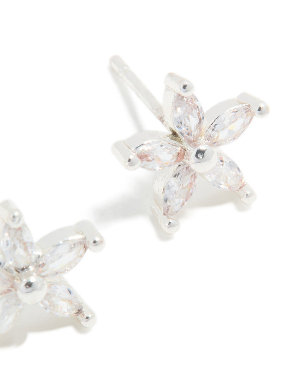Displaying waterproof stainless steel cubic zirconia five-petal flower stud earrings in silver and clear post detail view