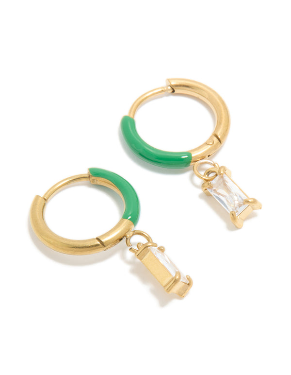 Waterproof Gold Plated Stainless Steel Emerald Green Enamel Cubic Zirconia Charm Huggie Earrings