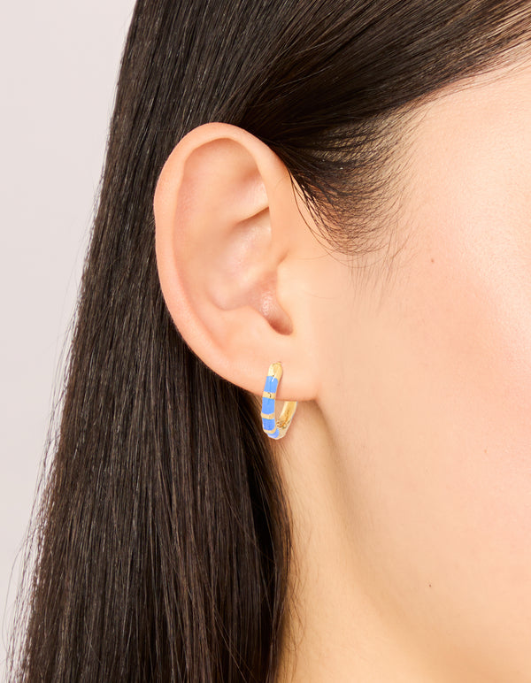 Waterproof Gold Plated Stainless Steel Blue Enamel Bamboo Huggie Earrings