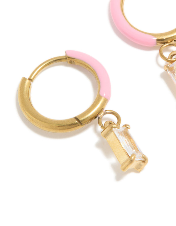 Waterproof Gold Plated Stainless Steel Pink Enamel Cubic Zirconia Charm Huggie Earrings