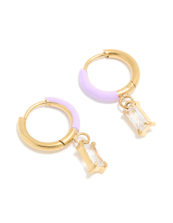 Waterproof Gold Plated Stainless Steel Purple Enamel Cubic Zirconia Charm Huggie Earrings