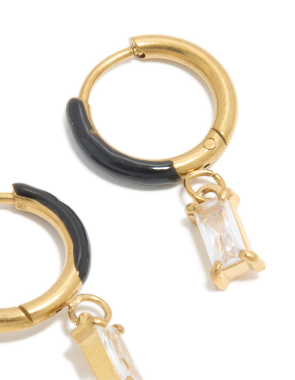 Highlighting waterproof gold plated stainless steel black enamel cubic zirconia huggie earrings with charm in a statement style post detail view