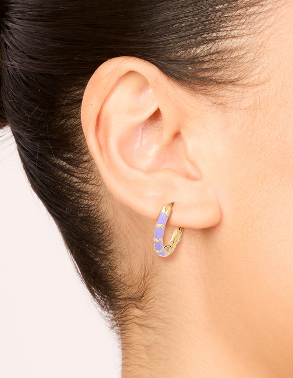 Waterproof Gold Plated Stainless Steel Purple Enamel Bamboo Huggie Earrings
