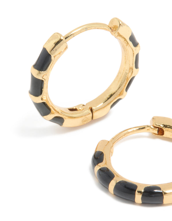 Waterproof Gold Plated Stainless Steel Black Enamel Bamboo Huggie Earrings