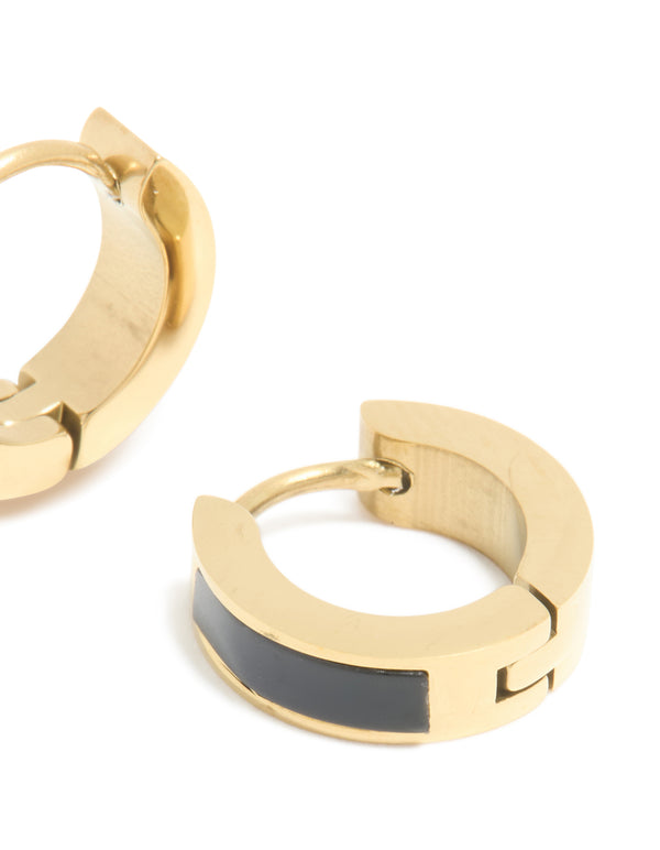 Highlighting waterproof gold plated stainless steel small black enamel inlay huggie earrings post detail view