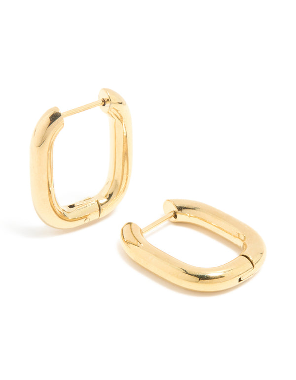 Showcasing waterproof gold plated stainless steel chunky oblong huggie earrings in statement style front view