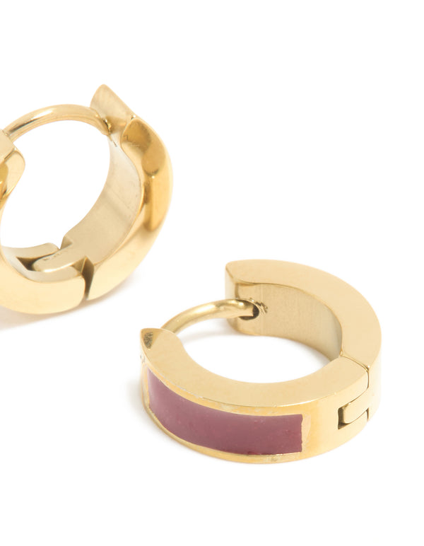 Waterproof Gold Plated Stainless Steel Small Burgundy Red Enamel Inlay Huggie Earrings