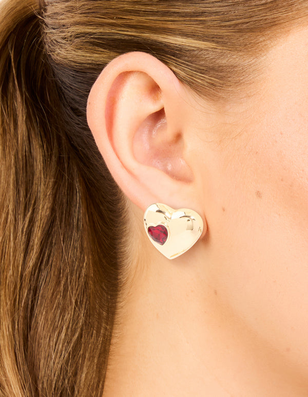 Gold Puffy Heart With Red Diamante Detail Stud Earrings