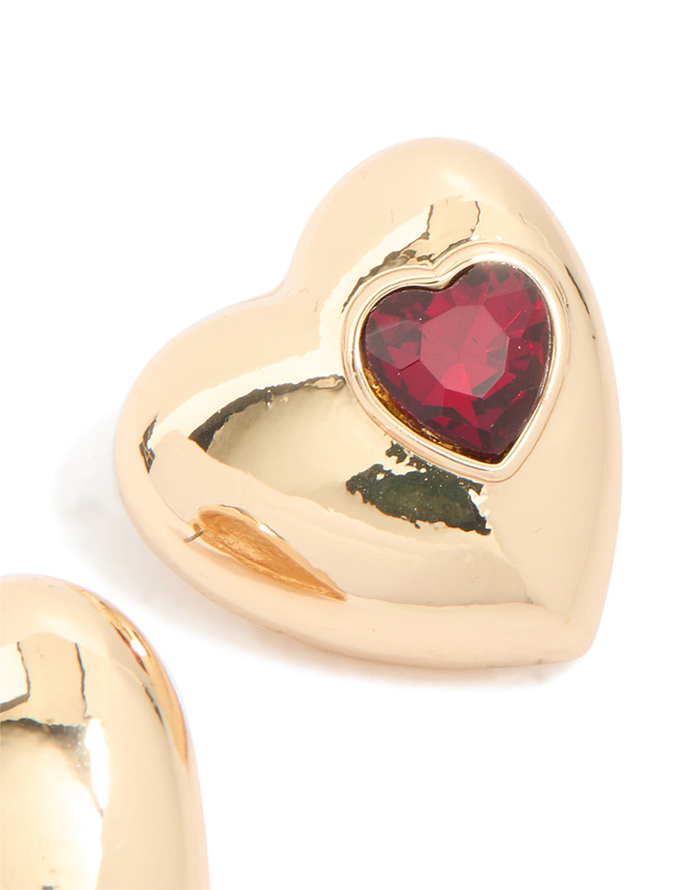 Gold Puffy Heart With Red Diamante Detail Stud Earrings